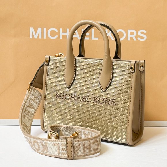 Michael Kors Mirella XS MINI Shopper Tote Shoulder Crossbody Bag Sequins Camel - Picture 3 of 13